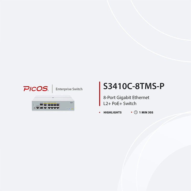S3410C-8TMS-P, 8-Port Gigabit Ethernet L2+ PoE+ Switch, 8 x PoE+ Ports@125W, 2 x 5Gb RJ45, with 2 x 10Gb SFP+ Uplinks, PicOS®, Support MLAG, Broadcom Chip, Fanless