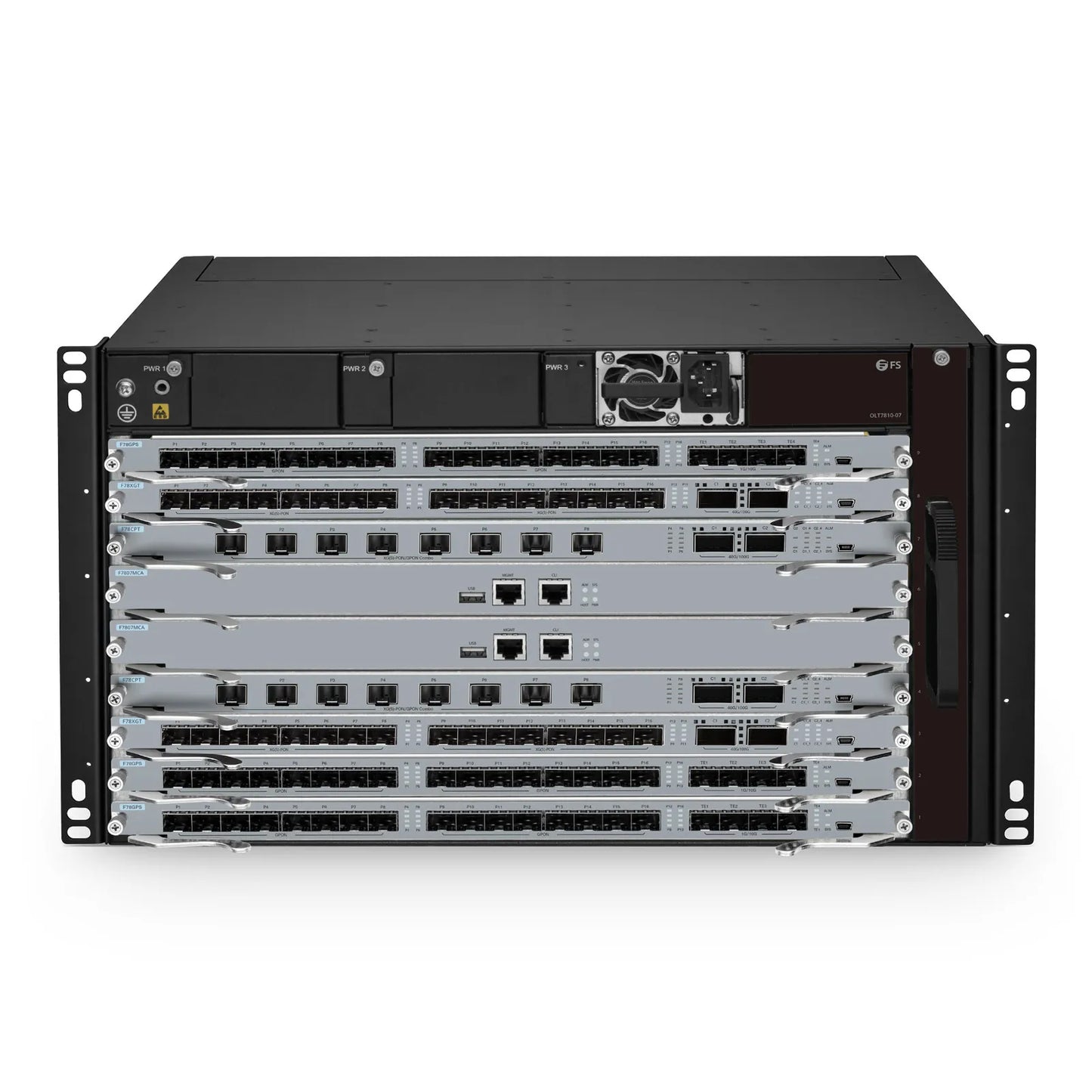 OLT7810-07, 7-Slot GPON/XG(S)-PON/Combo Chassis OLT with Standard Fan Board, 3 Power Slots, 2 MSU Control Slots and 7 Line Card Slots, Broadcom Chip (1*AC Power Supply and 1*Main Control Unit Included)
