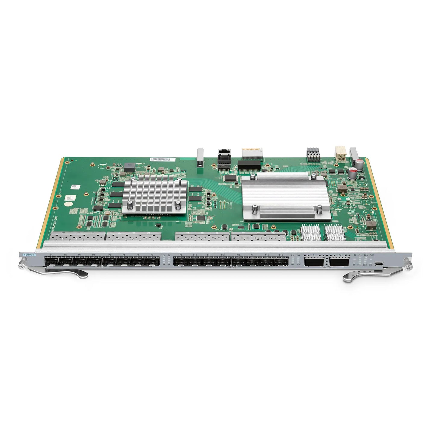 F78XGT, 16-Port XG(S)PON OLT Line Card with 16 x XG(S)PON (GPON-Compatible, Upgradable via GPON Modules), 2 x 100G QSFP28 Ports, Broadcom Chip (Without Modules)