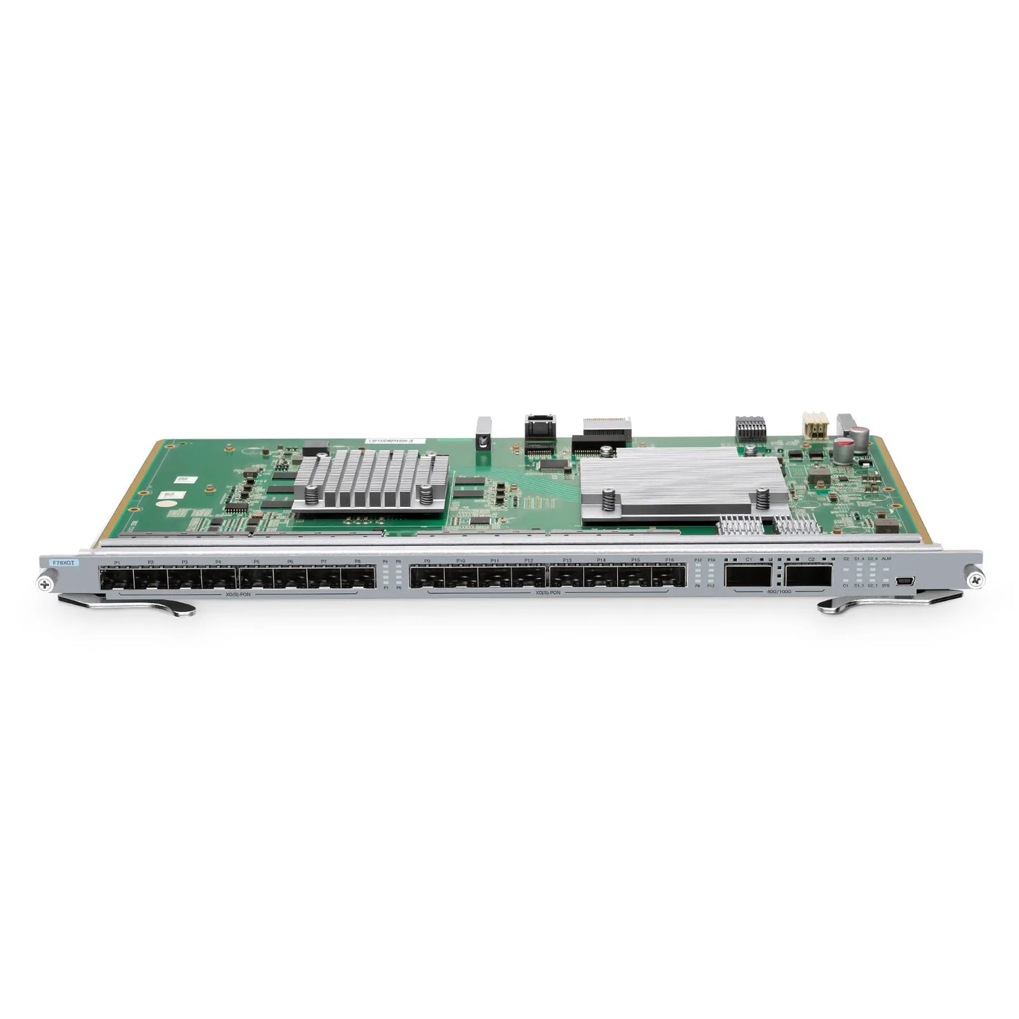 F78XGT, 16-Port XG(S)PON OLT Line Card with 16 x XG(S)PON (GPON-Compatible, Upgradable via GPON Modules), 2 x 100G QSFP28 Ports, Broadcom Chip (Without Modules)