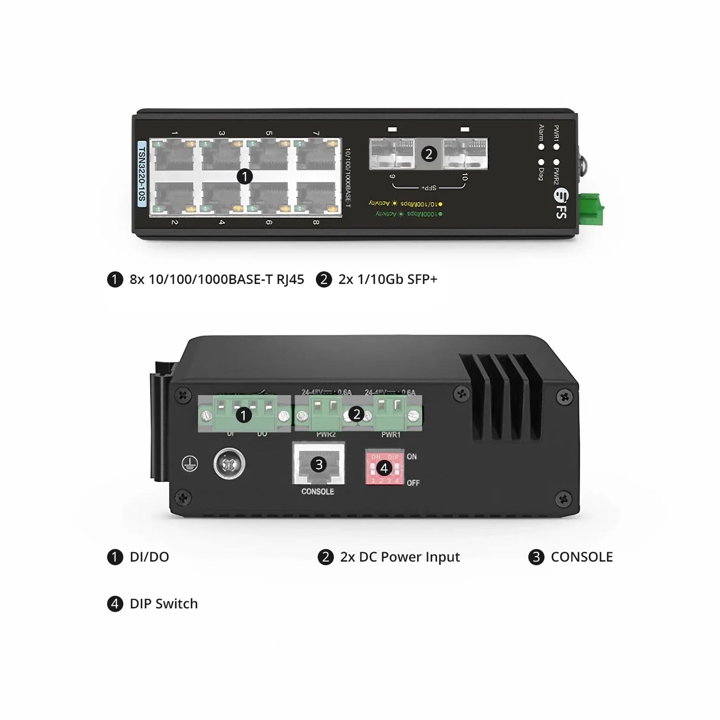 TSN3220-10S, 8-Port Gigabit Ethernet L2 Managed TSN Industrial Switch, 8 x 10/100/1000BASE-T, with 2 x 1/10Gb SFP+, -40 to 75°C Operating Temperature
