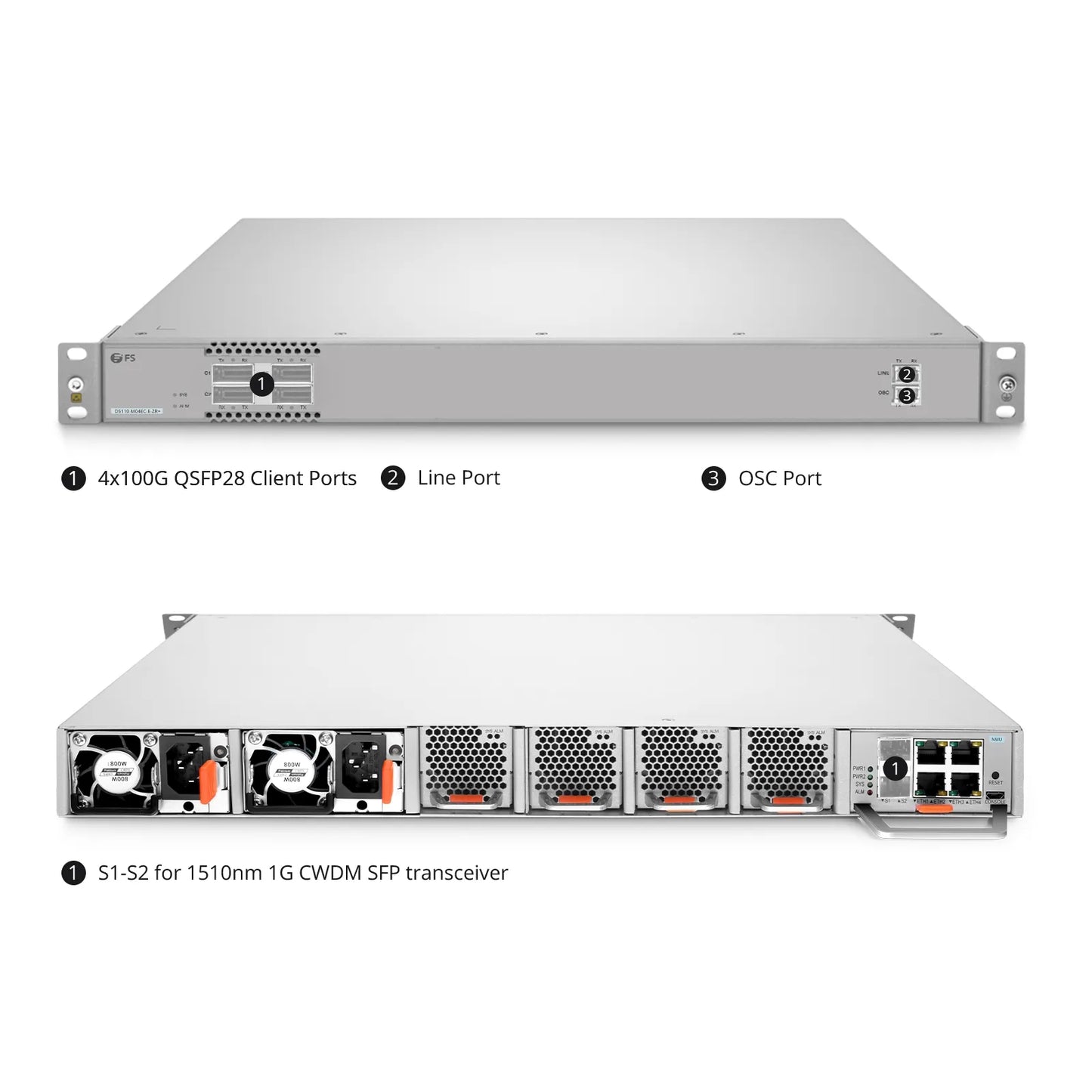 D5110-M04EC-E-ZR+, 4 Channel 100G Active DWDM Multiplexer for Open Line Systems, C21, 4 x 100G QSFP28, Dual Fiber, 1U Rack Mount, 0-120km, Support AmpCon-T/WebGUI Network Management