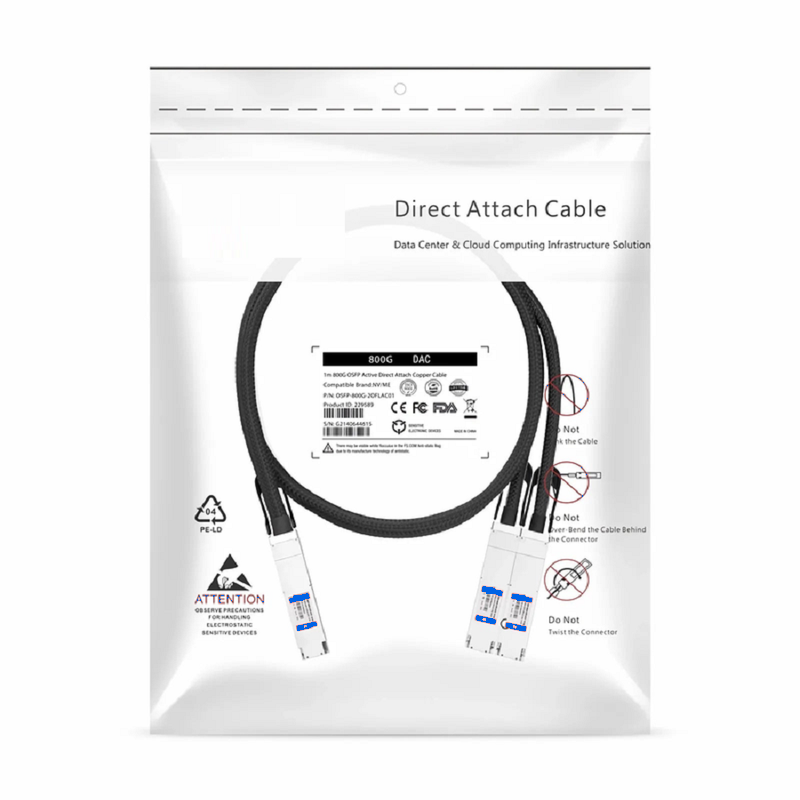 Refurb Squared 2m (7ft) Generic Compatible 800G OSFP 8 x 100G PAM4 Finned Top to 2 x 400G OSFP 4 x 100G PAM4 Flat Top Passive Direct Attach Copper Breakout Cable