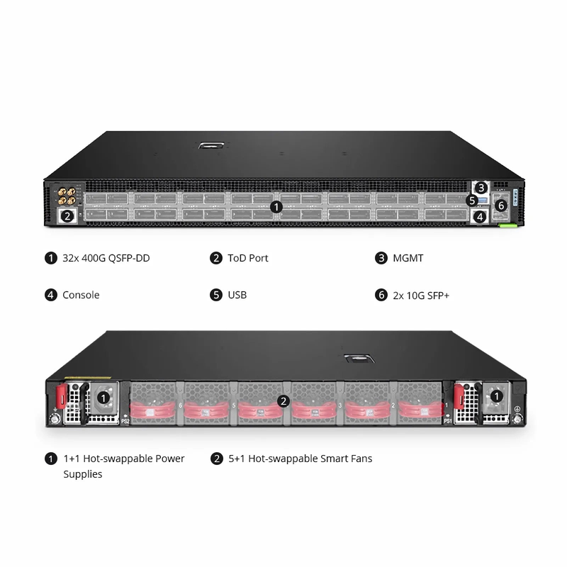 Refurb Squared N9550-32D, 32-Port Ethernet HPC/AI Data Center Switch, 32 x 400Gb QSFP-DD, PicOSA®, Broadcom Tomahawk 3 Chip, Front-to-Back Airflow