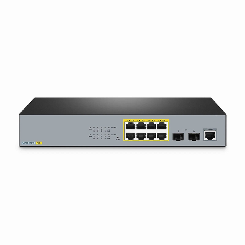 Refurb Squared S3260-8T2FP, 8-Port Gigabit Ethernet L2+ PoE+ Switch, 8 x PoE+ Ports @240W, with 2 x 1Gb SFP Uplinks, Support IEEE 802.3af/at