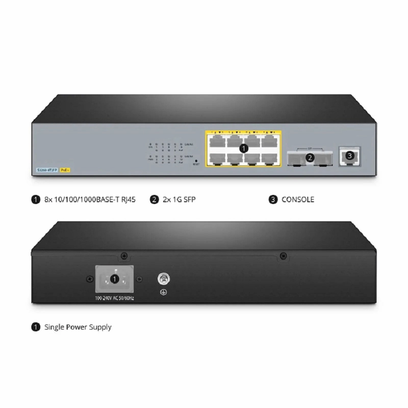 Refurb Squared S3260-8T2FP, 8-Port Gigabit Ethernet L2+ PoE+ Switch, 8 x PoE+ Ports @240W, with 2 x 1Gb SFP Uplinks, Support IEEE 802.3af/at