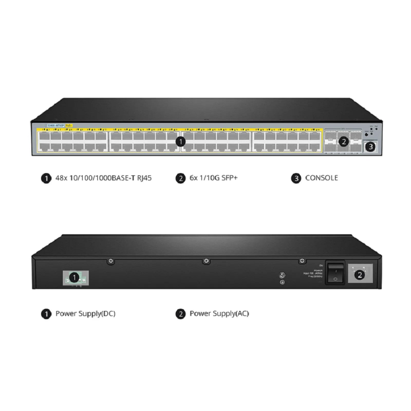 Refurb Squared S3400-48T6SP, 48-Port Gigabit Ethernet L2+ PoE+ Switch, 48 x PoE+ Ports @370W, with 6 x 10Gb SFP+ Uplinks, AC+DC Power Supplies, Support Stacking