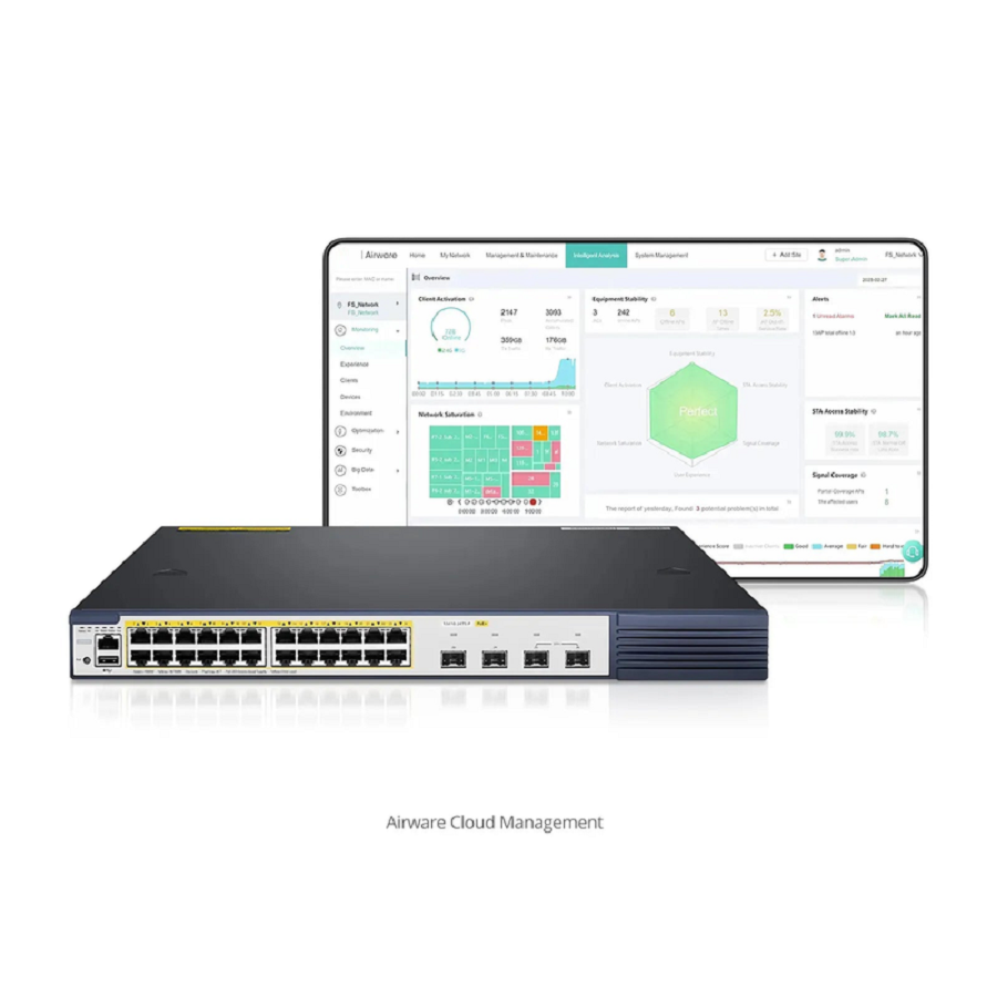 Refurb Squared S3410-24TS-P, 24-Port Gigabit Ethernet L2+ PoE+ Switch, 24 x PoE+ Ports @740W, with 2 x 10Gb SFP+ Uplinks and 2 x Combo SFP Ports, Stackable Switch, Broadcom Chip