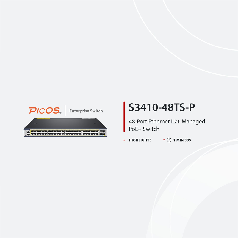 Refurb Squared S3410-48TS-P, 48-Port Gigabit Ethernet L2+ PoE+ Switch, 48 x PoE+ Ports @740W, with 2 x 10Gb SFP+ Uplinks and 2 x Combo SFP Ports, PicOSA®, Support MLAG, Broadcom Chip