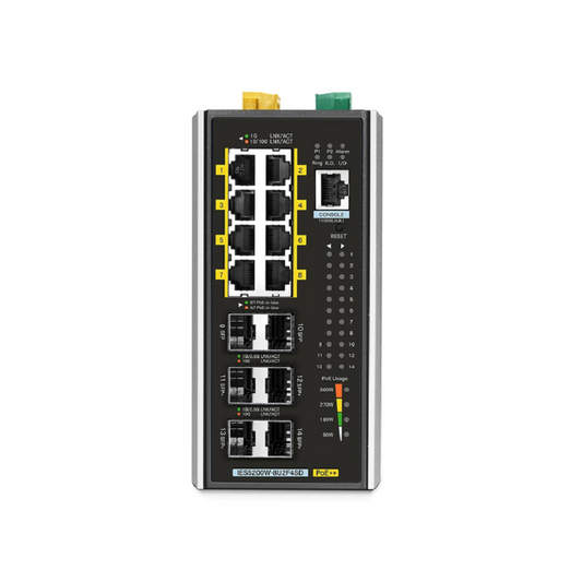 Refurb Squared IES5200W-8U2F4SD, 8-Port Gigabit Ethernet L3 Managed Industrial PoE++ Switch, 8 x PoE++ Ports@360W, with 2 x 1/2.5Gb SFP, 4 x 10Gb SFP+, -40 to 75A°C Operating Temperature