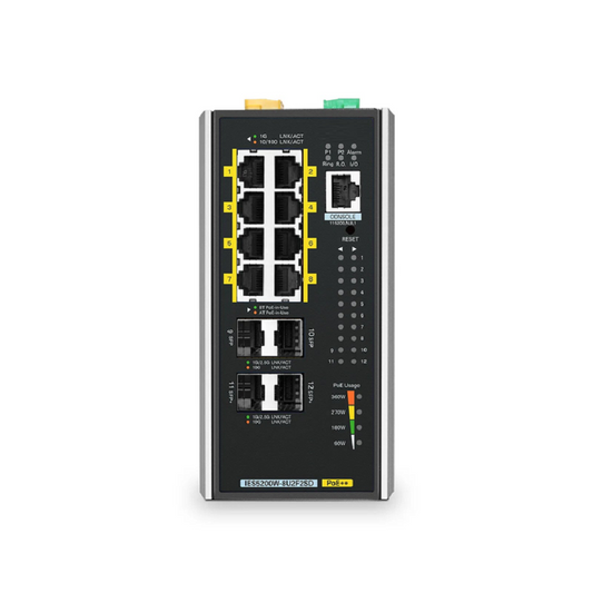 Refurb Squared IES5200W-8U2F2SD, 8-Port Gigabit Ethernet L3 Managed Industrial PoE++ Switch, 8 x PoE++ Ports@360W, with 2 x 1/2.5Gb SFP, 2 x 10Gb SFP+, -40 to 75A°C Operating Temperature