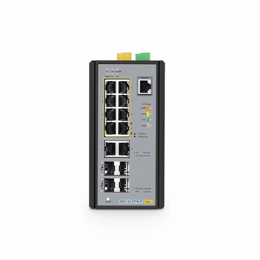 Refurb Squared IES3110-8TFM-P, 8-Port Gigabit Ethernet L2+ Managed Industrial PoE+ Switch, 8 x PoE+ Ports @240W, and 2 x 10/100/1000BASE-T, with 2 x 1Gb SFP, 2 x 1/2.5Gb SFP, -40 to 75A°C Operating Temperature