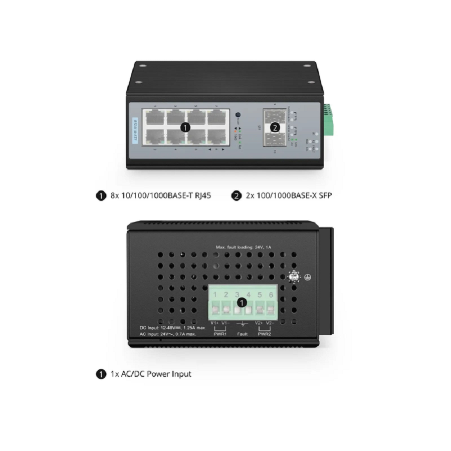 Refurb Squared IES3110-8TF, 8-Port Gigabit Ethernet L2+ Managed Industrial Switch, 8 x 10/100/1000BASE-T, with 2 x 1Gb SFP, -40 to 75A°C Operating Temperature