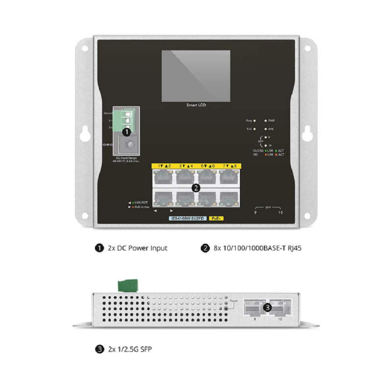 Refurb Squared IES4100W-8U2FD, 8-Port Gigabit Ethernet L2+ Managed Industrial PoE+ Switch, 8 x PoE+ Ports@240W, with 2 x 1/2.5Gb SFP, -20 to 70A°C Operating Temperature