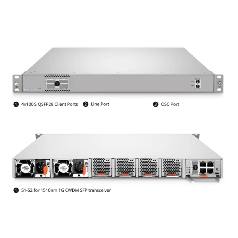 Refurb Squared D5110-M04EC-E-ZR+, 4 Channel 100G Active DWDM Multiplexer for Open Line Systems, C21, 4 x 100G QSFP28, Dual Fiber, 1U Rack Mount, 0-120km, Support AmpCon-T/WebGUI Network Management