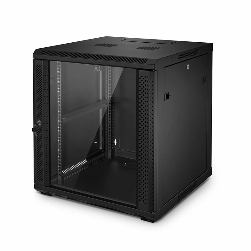 Refurb Squared 12U GW600-Series 19" 4-Post Black Wall Mount Cabinet with Glass Front Door and 4 Casters