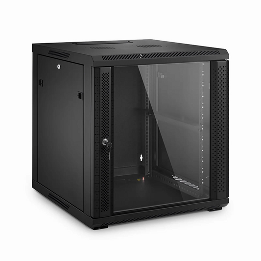 Refurb Squared 12U GW600-Series 19" 4-Post Black Wall Mount Cabinet with Glass Front Door and 4 Casters