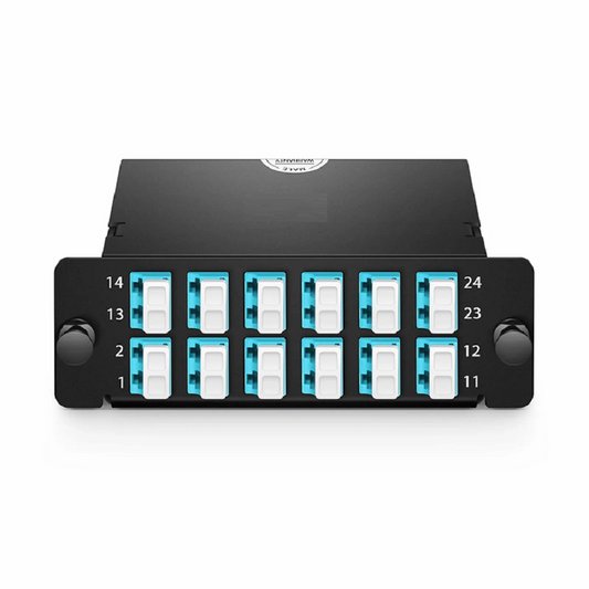 Refurb Squared FHDA MTP®-LC Cassette, OM4 Multimode, Type AF, 24 Fibers, MTP®-24 (Male) to 12 x LC Duplex (Aqua), 0.35dB Max.