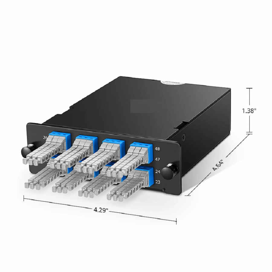 Refurb Squared FHDA MTP®-MDC Cassette, OS2 Single Mode, Type A, 48 Fibers, 4 x MTP®-12 (Male) to 8 x MDC 3-Port Duplex (Blue), 0.35dB Max.