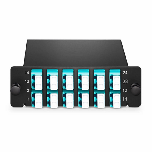 Refurb Squared FHDA LC Splice Cassette with Pigtails, 24 Fibers OM4 Multimode,12 x LC UPC Duplex (Aqua), 0.3dB Max.