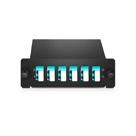 Refurb Squared FHDA LC Splice Cassette with Pigtails, 12 Fibers OM4 Multimode, 6 x LC UPC Duplex (Aqua), 0.3dB Max.