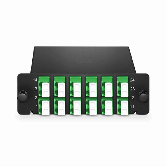 Refurb Squared FHDA LC Splice Cassette with Pigtails, 24 Fibers OS2 Single Mode, 12 x LC APC Duplex (Green), 0.3dB Max.