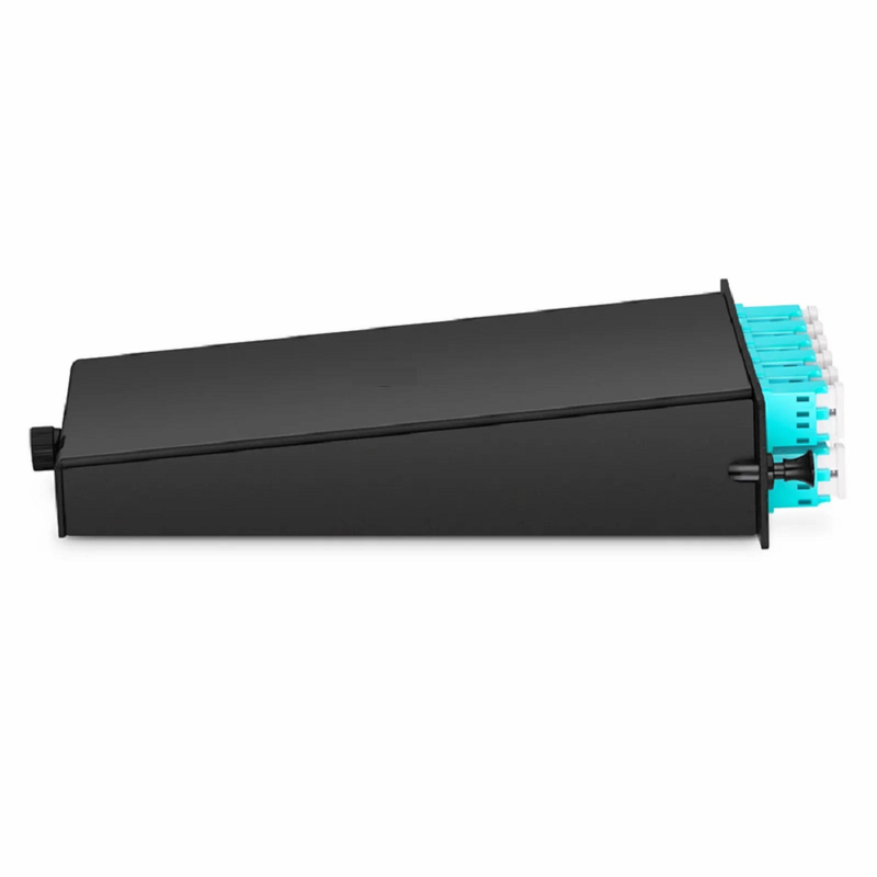Refurb Squared FHDA LC Splice Cassette with Pigtails, 12 Fibers OM4 Multimode, 6 x LC UPC Duplex (Aqua), 0.3dB Max.