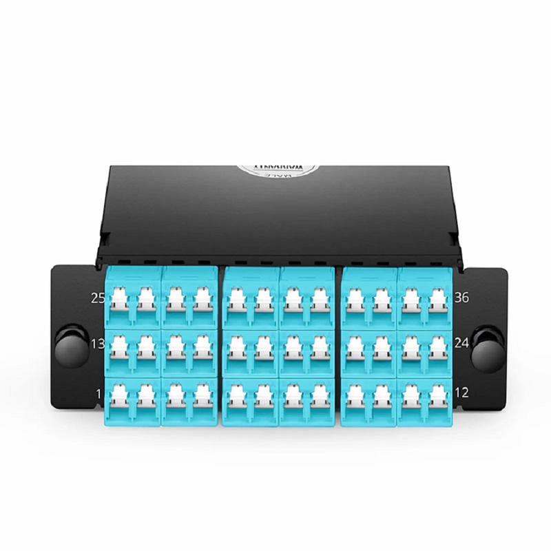 Refurb Squared FHDA MTP®-LC Cassette, OM4 Multimode, Type A, 36 Fibers, 3 x MTP®-12 (Male) to 18 x Shuttered LC Duplex (Aqua), 0.35dB Max.