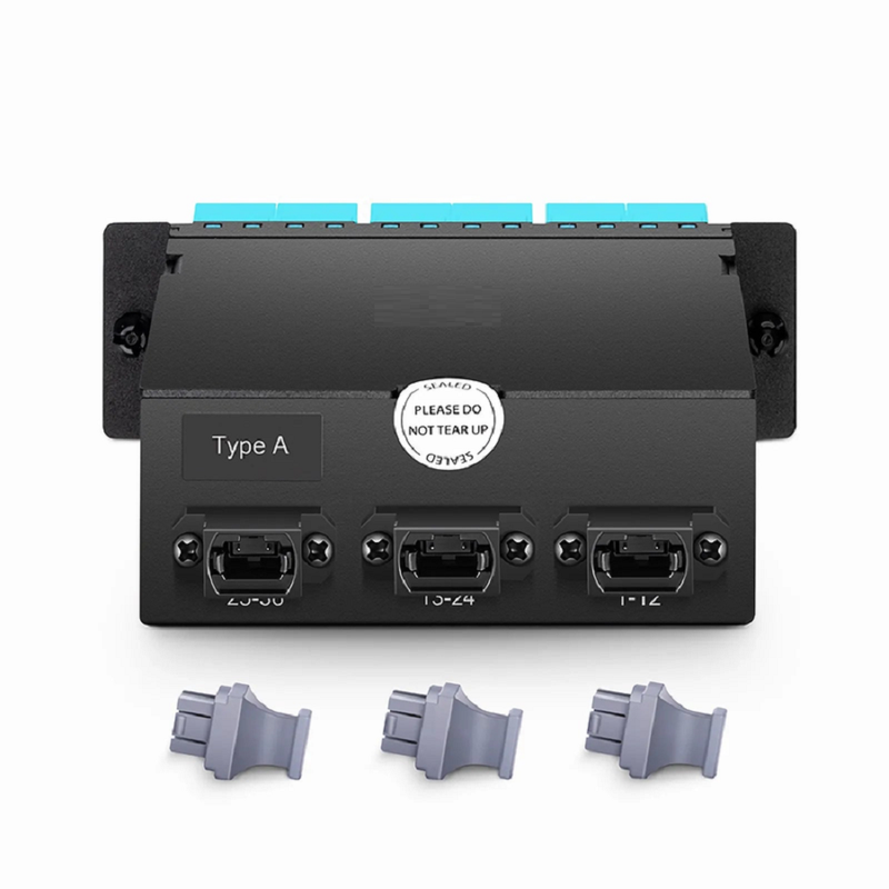 Refurb Squared FHDA MTP®-LC Cassette, OS2 Single Mode, Type A, 36 Fibers, 3 x MTP®-12 (Male) to 18 x Shuttered LC Duplex (Blue), 0.35dB Max.