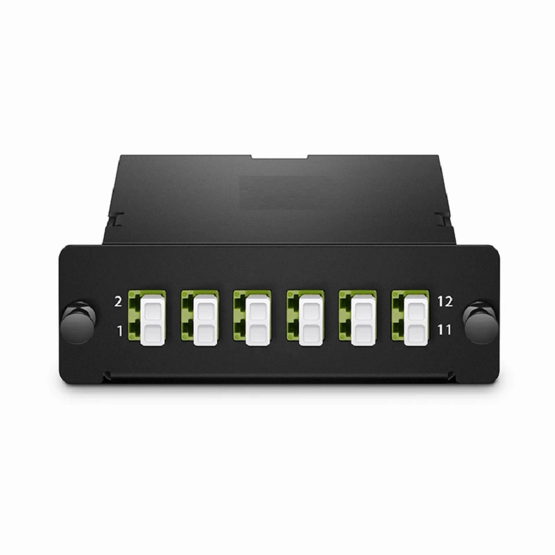 Refurb Squared FHDA MTP®-MDC Cassette, OS2 Single Mode, Type A, 48 Fibers, 4 x MTP®-12 (Male) to 8 x MDC 3-Port Duplex (Blue), 0.35dB Max.