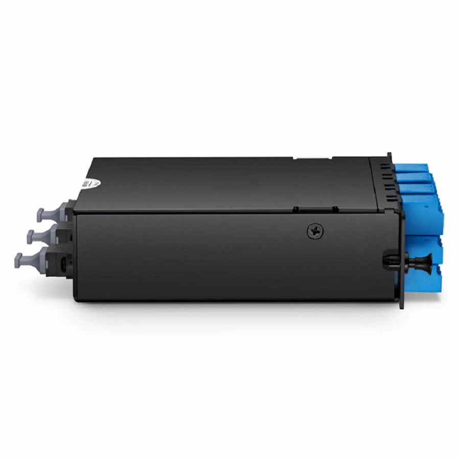 Refurb Squared FHDA MTP®-LC Cassette, OS2 Single Mode, Universal, 24 Fibers, 3 x MTP®-8 (Male) to 12 x Shuttered LC Duplex (Blue), 0.35dB Max.