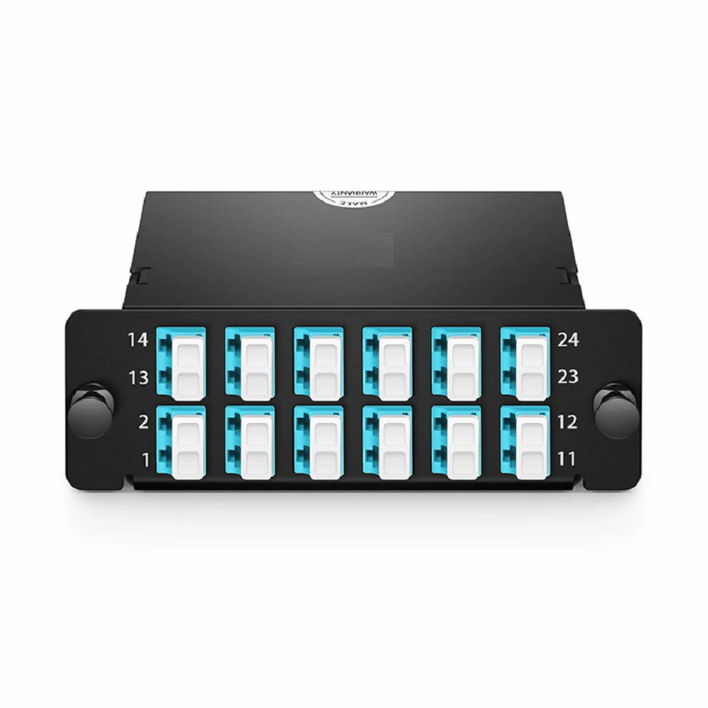 Refurb Squared FHDA MTP®-LC Cassette, OM4 Multimode, Universal, 24 Fibers, 3 x MTP®-8 (Male) to 6 x LC Quad (Aqua), 0.35dB Max.