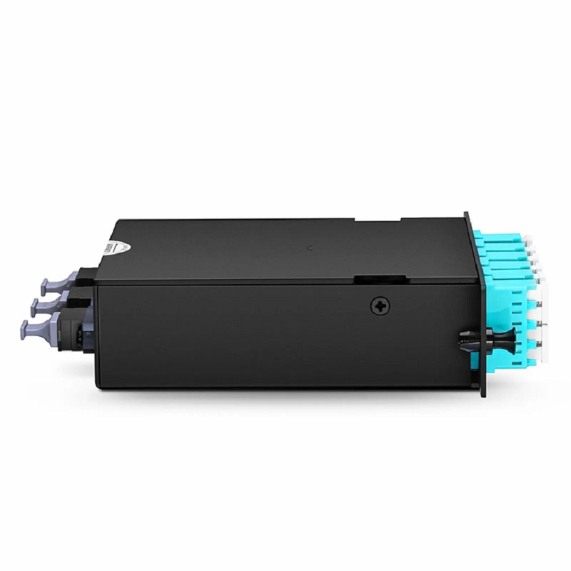 Refurb Squared FHDA MTP®-LC Cassette, OM4 Multimode, Universal, 24 Fibers, 3 x MTP®-8 (Male) to 6 x LC Quad (Aqua), 0.35dB Max.