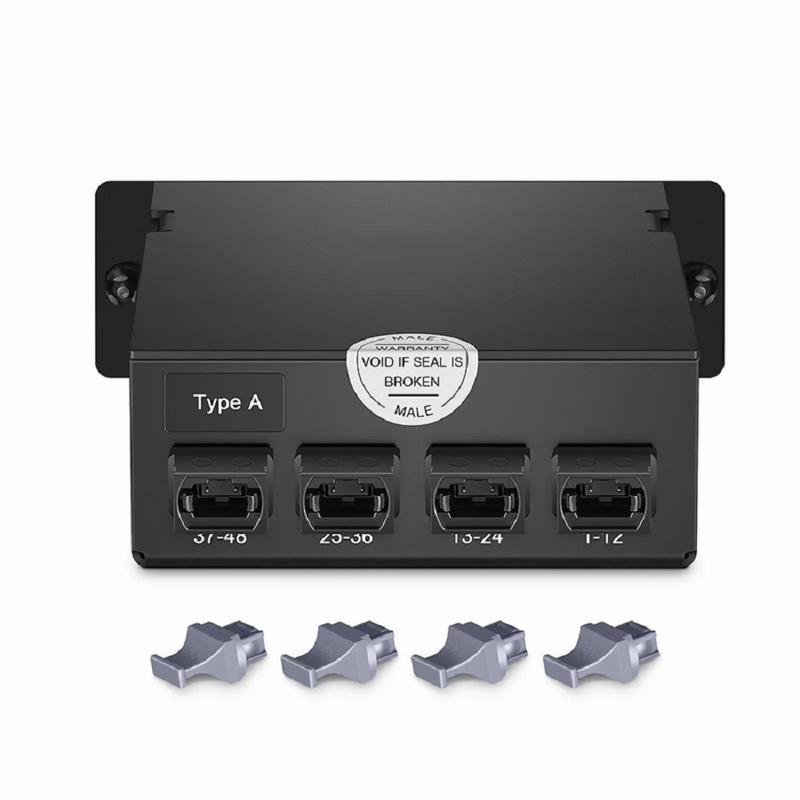 Refurb Squared FHDA MTP®-MDC Cassette, OS2 Single Mode, Type A, 48 Fibers, 4 x MTP®-12 (Male) to 8 x MDC 3-Port Duplex (Blue), 0.35dB Max.