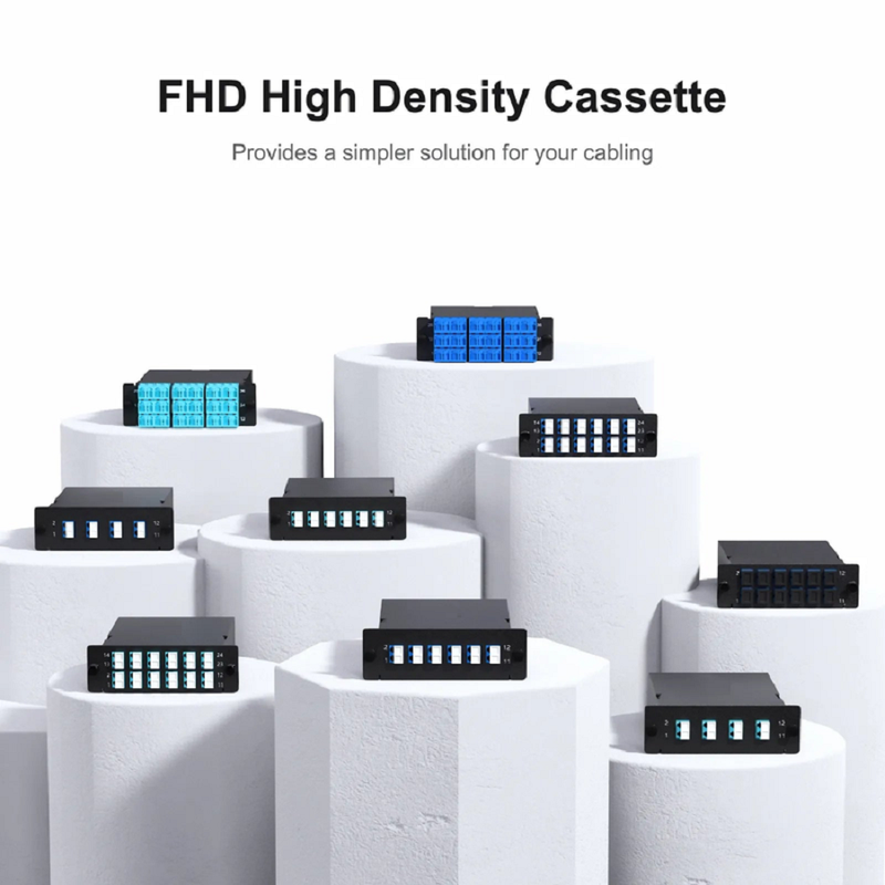 Refurb Squared FHDA MTP®-LC Cassette, OS2 Single Mode, Universal, 12 Fibers, MTP®-12 (Male) to 6 x LC Duplex (Blue), 0.35dB Max.