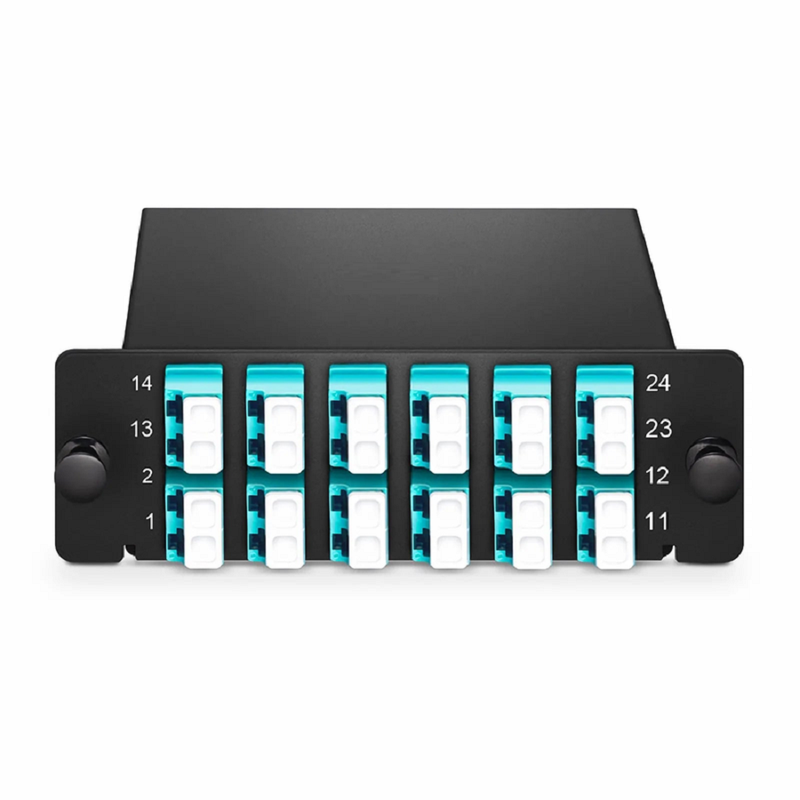 Refurb Squared FHDA LC Splice Cassette with Pigtails, 24 Fibers OM4 Multimode,12 x LC UPC Duplex (Aqua), 0.3dB Max.