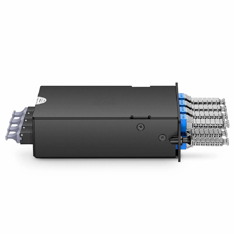 Refurb Squared FHDA MTP®-MDC Cassette, OS2 Single Mode, Type A, 48 Fibers, 4 x MTP®-12 (Male) to 8 x MDC 3-Port Duplex (Blue), 0.35dB Max.