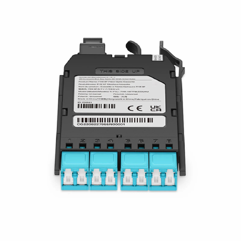Refurb Squared FHXA MTP®-LC Cassette, OS2 Single Mode, Universal, 8 Fibers, MTP®-8 (Male) to 4 x Shuttered LC Duplex (Blue), 0.35dB Max.