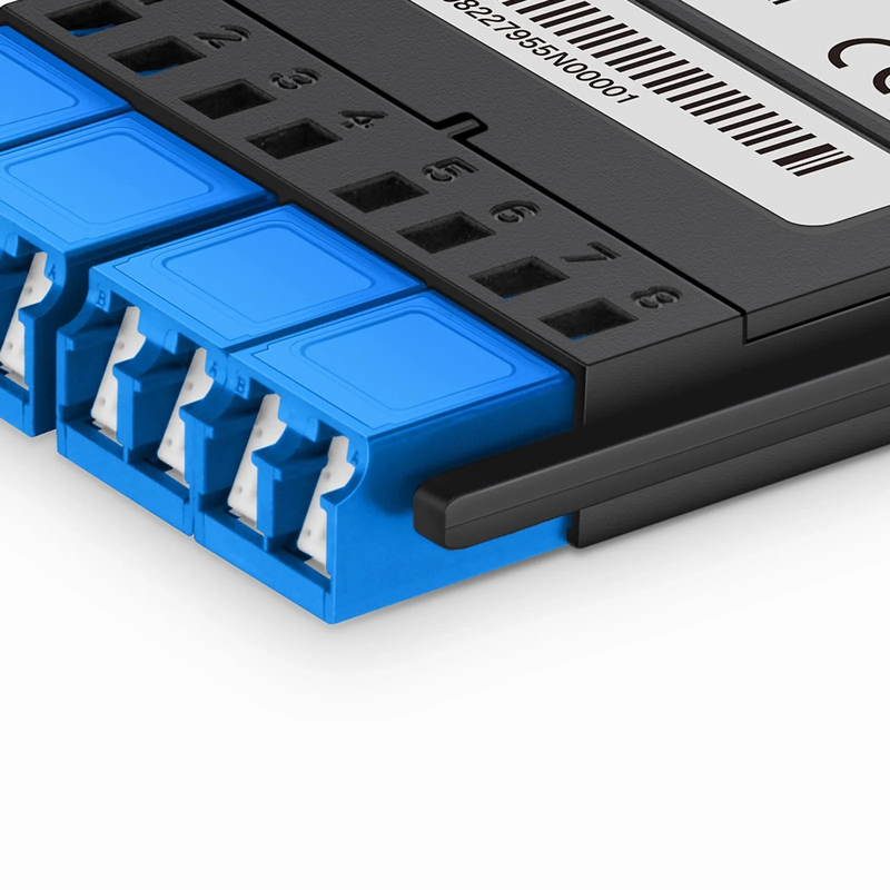 Refurb Squared FHXA MTP®-LC Cassette, OS2 Single Mode, Universal, 8 Fibers, MTP®-8 (Male) to 4 x Shuttered LC Duplex (Blue), 0.35dB Max.