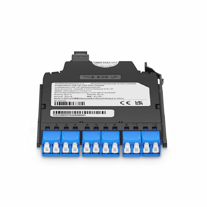Refurb Squared FHXA MTP®-LC Cassette, OM4 Multimode, Universal, 12 Fibers, MTP®-12 (Male) to 6 x Shuttered LC Duplex (Aqua), 0.35dB Max.