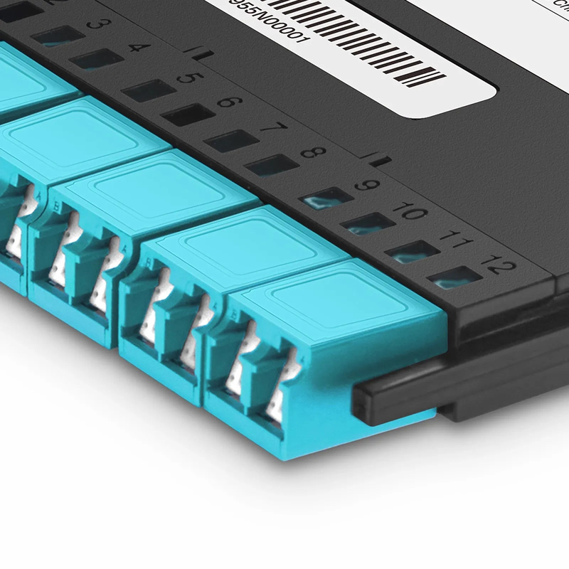 Refurb Squared FHXA MTP®-LC Cassette, OM4 Multimode, Universal, 12 Fibers, MTP®-12 (Male) to 6 x Shuttered LC Duplex (Aqua), 0.35dB Max.