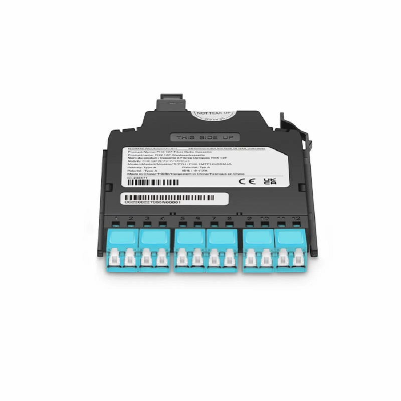 Refurb Squared FHXA MTP®-LC Cassette, OM4 Multimode, Type AF, 12 Fibers, MTP®-12 (Male) to 6 x Shuttered LC Duplex (Aqua), 0.35dB Max.