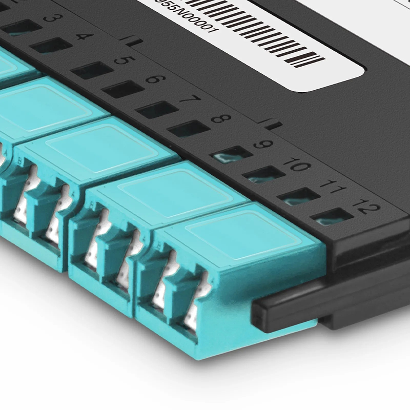 Refurb Squared FHXA MTP®-LC Cassette, OM4 Multimode, Type AF, 12 Fibers, MTP®-12 (Male) to 6 x Shuttered LC Duplex (Aqua), 0.35dB Max.