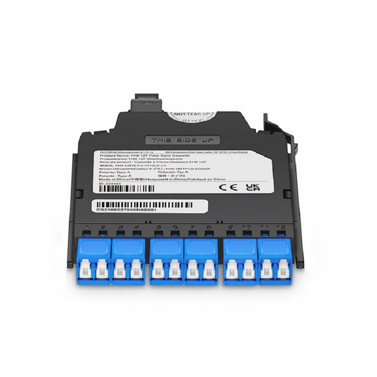 Refurb Squared FHXA MTP®-LC Cassette, OS2 Single Mode, Type A, 12 Fibers, MTP®-12 (Male) to 6 x Shuttered LC Duplex (Blue), 0.35dB Max.