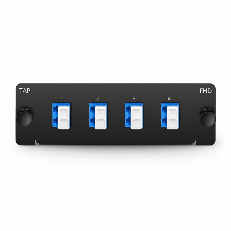 Refurb Squared FHDA MTP®-LC TAP Cassette, OS2 Single Mode, 4 x LC Duplex Live Ports, MTP®-8 Male Live Port, MTP®-8 Male TAP Port, 50/50 Split Ratio (Live/TAP), 10/40/100G