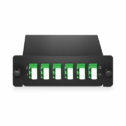 Refurb Squared FHDA LC Splice Cassette with Pigtails, 12 Fibers OS2 Single Mode, 6 x LC APC Duplex (Green), 0.3dB Max.