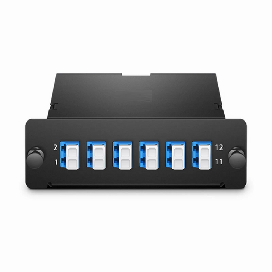Refurb Squared FHDA MTP®-LC Cassette, OS2 Single Mode, Universal, 12 Fibers, MTP®-12 (Male) to 6 x LC Duplex (Blue), 0.35dB Max.
