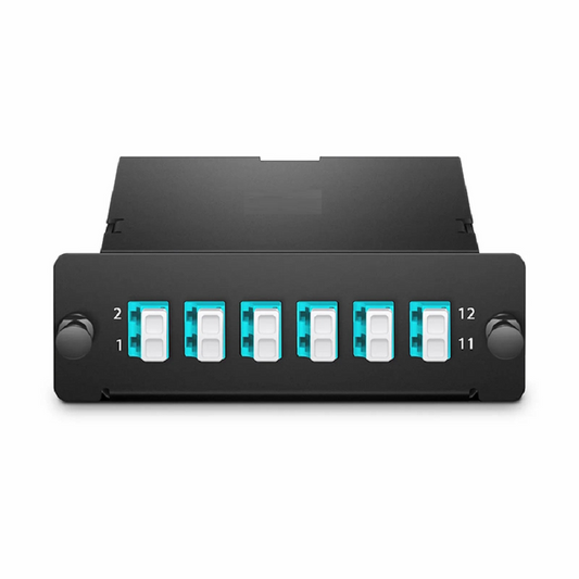 Refurb Squared FHDA MTP®-LC Cassette, OM4 Multimode, Universal, 12 Fibers, MTP®-12 (Male) to 6 x LC Duplex (Aqua), 0.35dB Max.