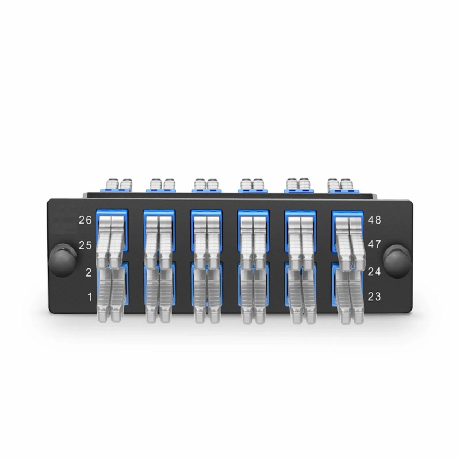 Refurb Squared FHDA Fiber Adapter Panel, 48 Fibers OS2 Single Mode, 12 x MDC UPC 2-Port Duplex (Blue) Adapter, Ceramic Sleeve