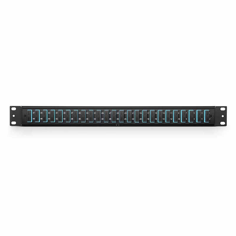 Refurb Squared FHUA 1U 19'' Fiber Adapter Panel, 48 Fibers OM4 Multimode, 24 x SC UPC Duplex (Aqua) Adapter, Ceramic Sleeve